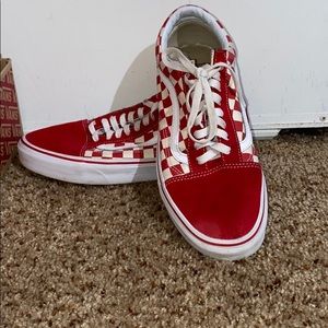 Red checkered board Vans